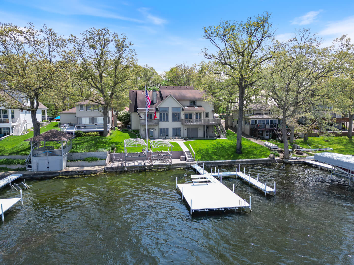 Aerial drone shot of a lakeside property